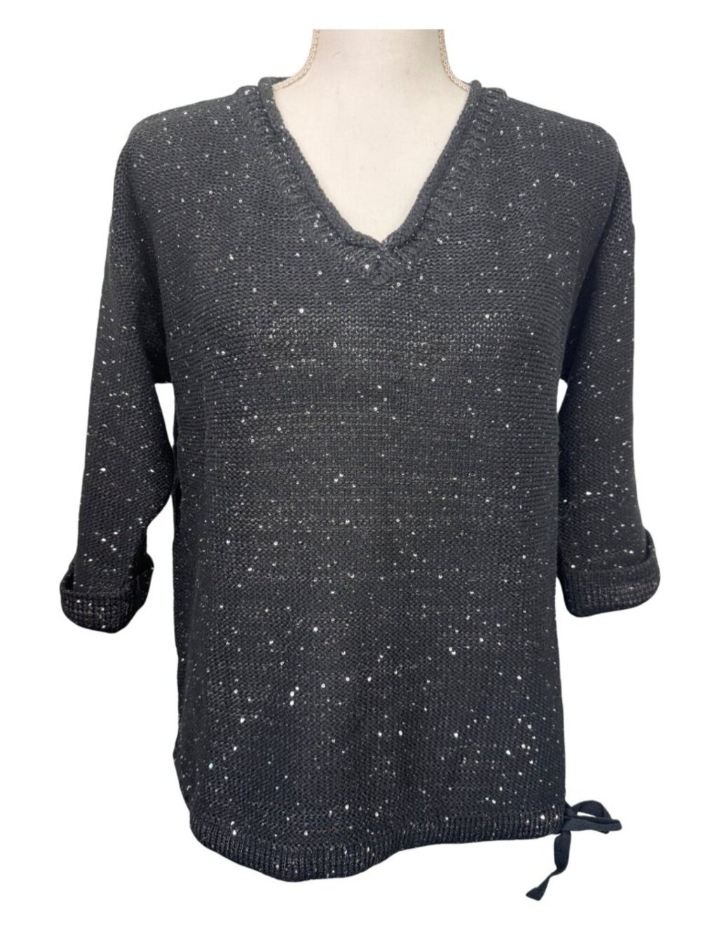DKNY Jeans Womens Black Sequin V-Neck Sweater XL Cotton Blend Style Casual